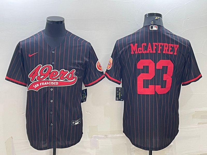 Men's San Francisco 49ers #23 Christian McCaffrey Black With Patch Cool Base Stitched Baseball Jersey